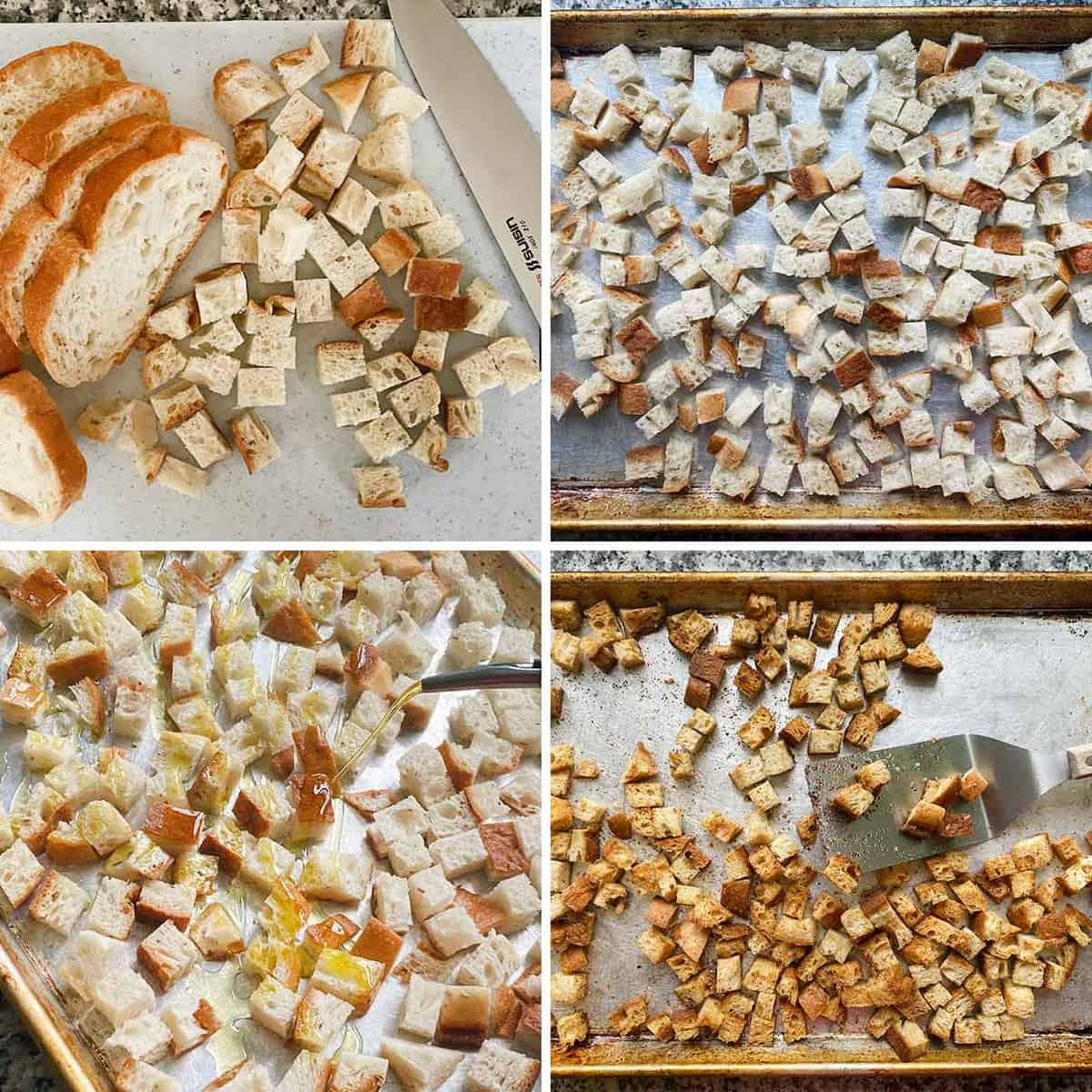 Process collage showing how to make homemade croutons out of leftover bread.