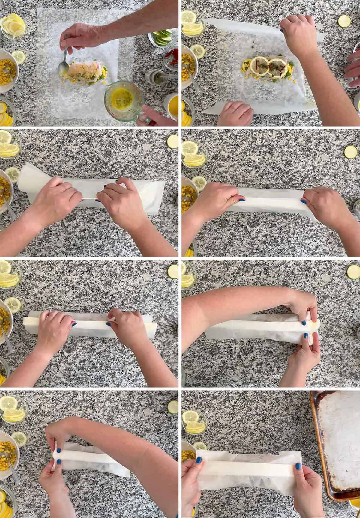 Process collage showing an option for how to wrap parchment packet for fish en papillote.