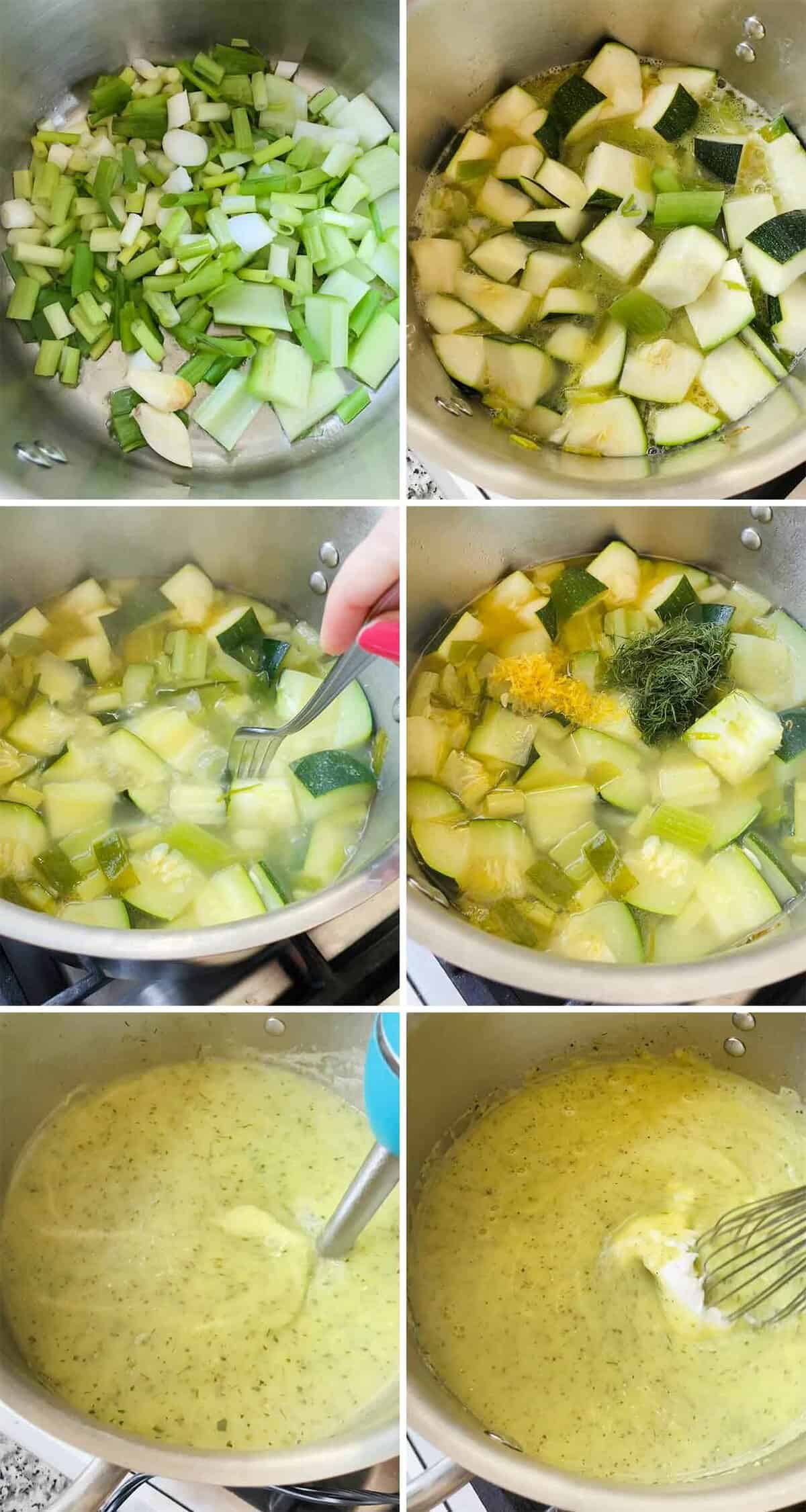 Process collage showing how to make zucchini soup.