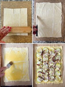 Process collage showing how to make a puff pastry tart topped with zucchini, summer squash, onions, and sun dried tomatoes.